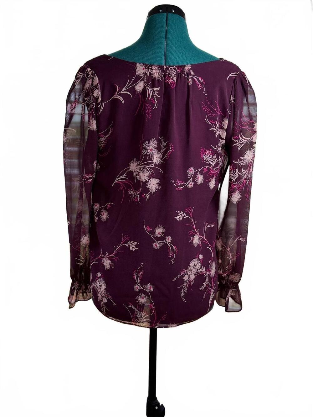 Joie 100% Silk Floral Blouse S Burgundy Sheer Sleeve Ruffle Cuff Button Front - Picture 4 of 10